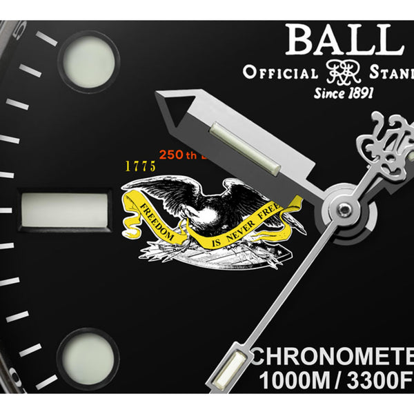 BALL watch dial with black face, silver hands, and luminous markers