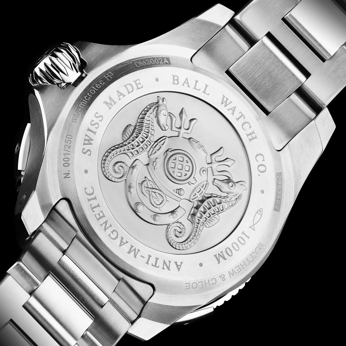 Stainless steel watch caseback with engraved diving seahorse design and serial text