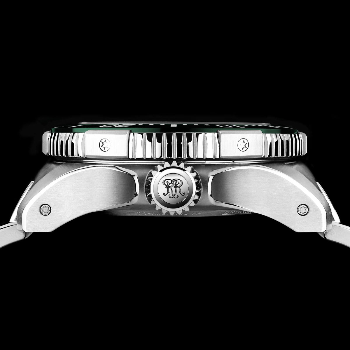 Side view of BALL Engineer Hydrocarbon DeepQUEST Protector showing green bezel and signed crown DM3002A-S10C-GR