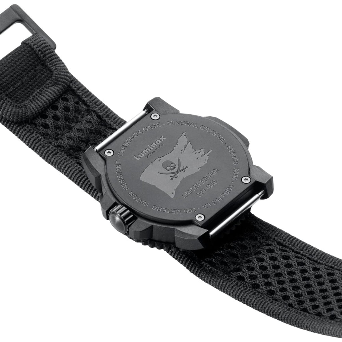 Black watch case with engraved backplate and textured black Velcro strap