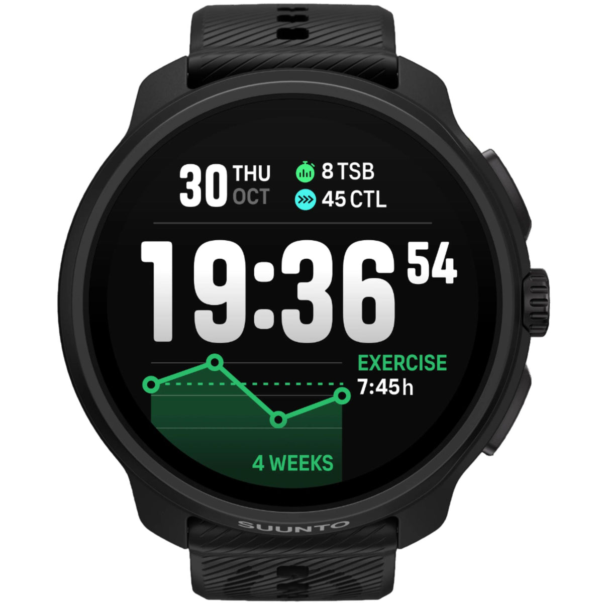 Suunto Race 2 All Black SS051200000 front view displaying digital time screen with black bezel and silicone strap