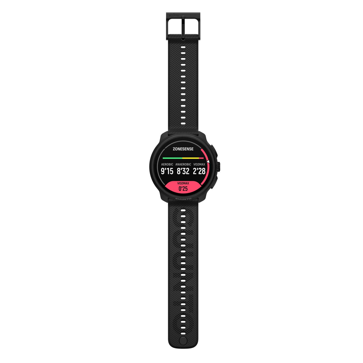Suunto Race 2 All Black SS051200000 full vertical lay-flat view displaying workout tracking interface and black silicone strap