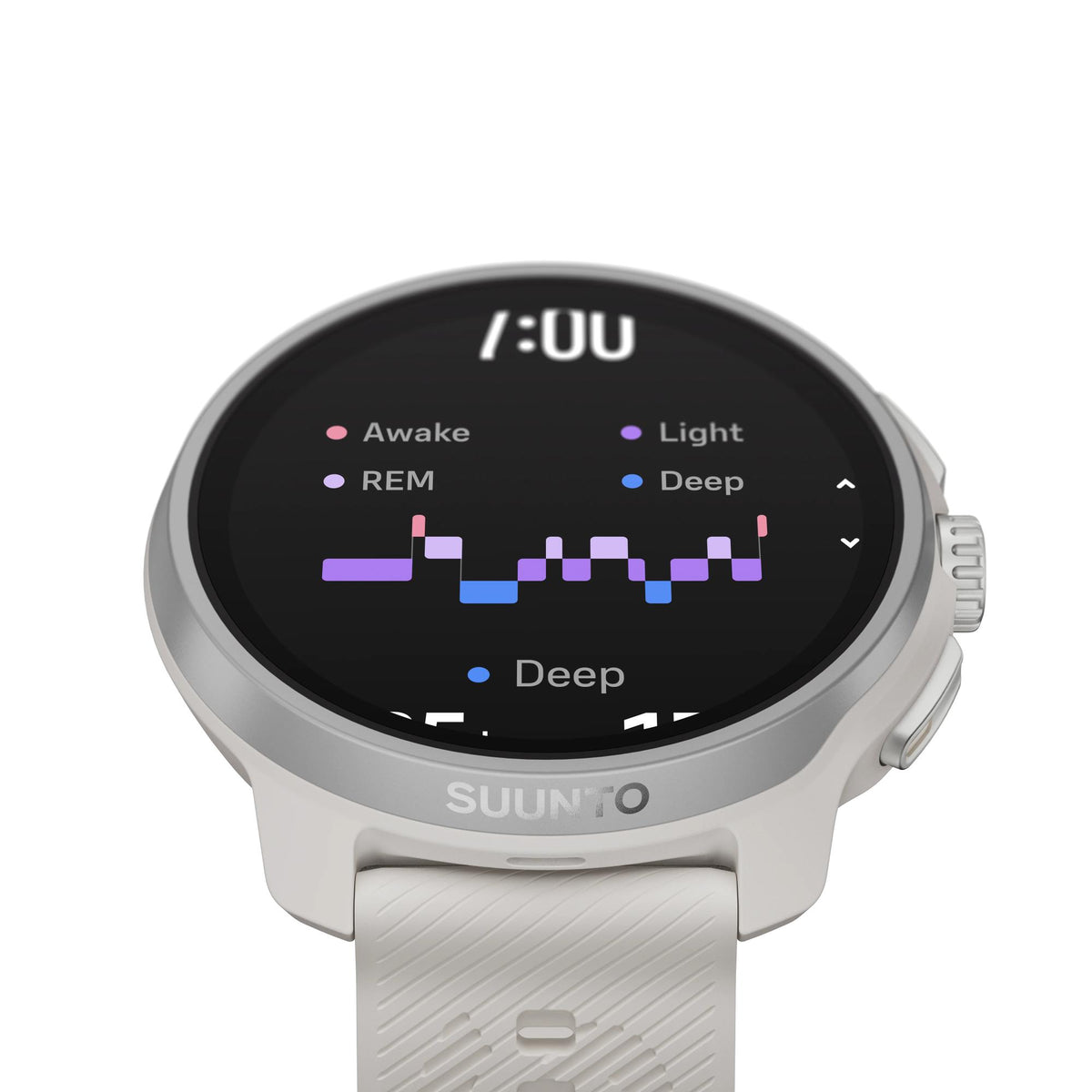Suunto Race 2 Feather Gray SS051201000 angled perspective highlighting sleep tracking data on display