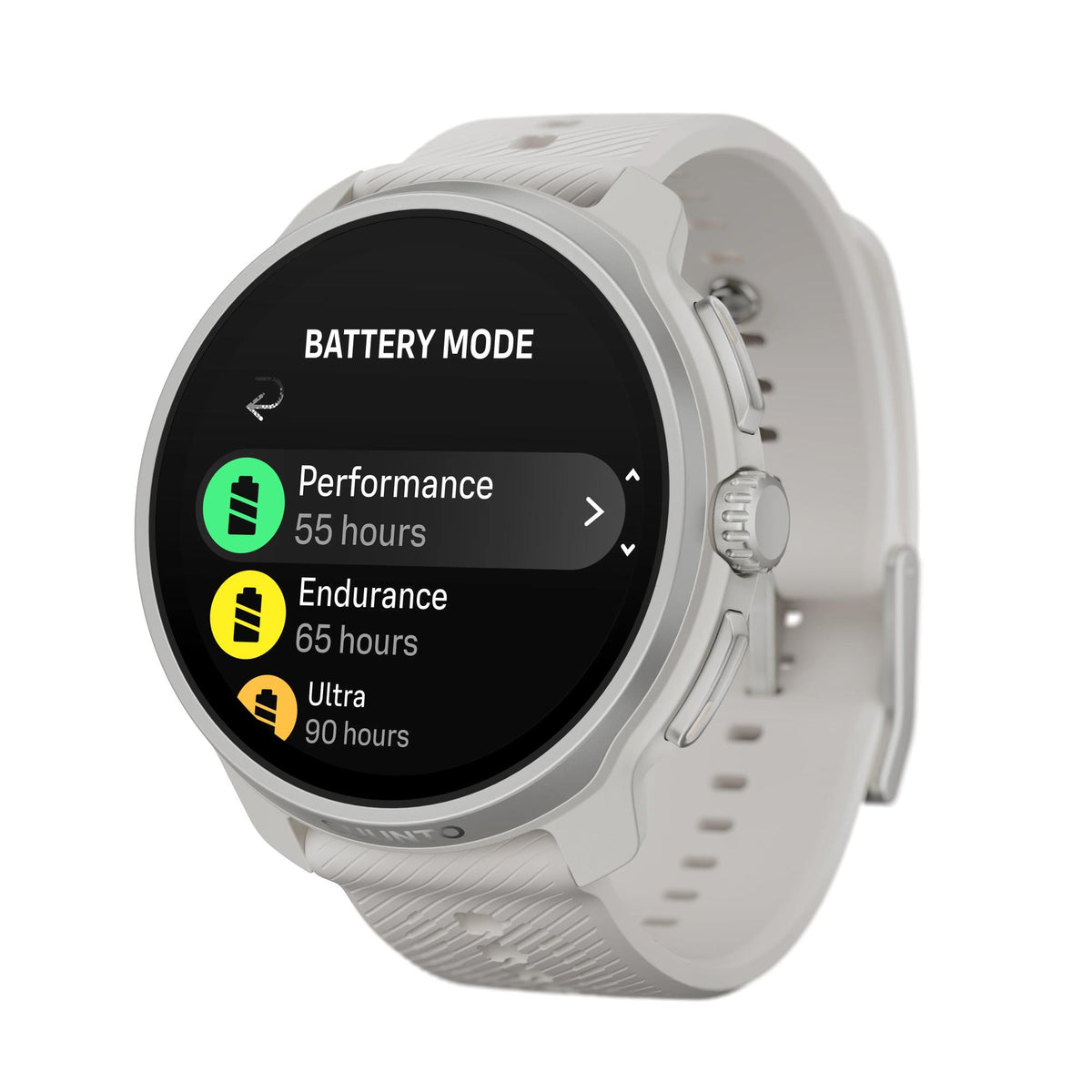 Suunto Race 2 Feather Gray SS051201000 three-quarter view showing battery mode menu with silicone strap