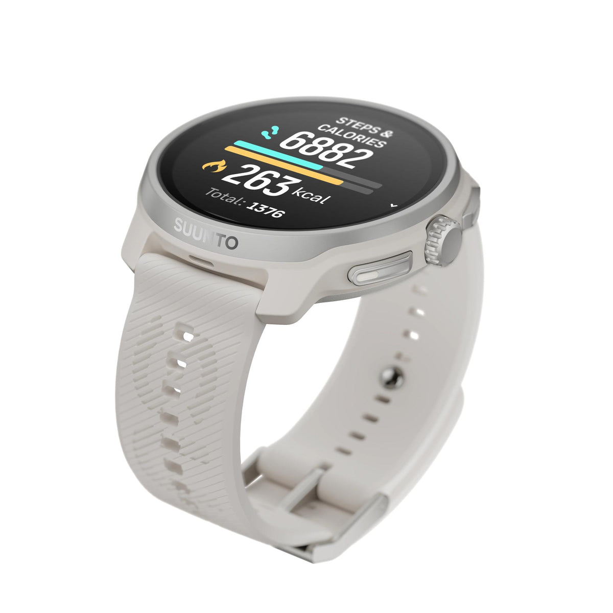 Suunto Race 2 Feather Gray SS051201000 high-angle view showcasing daily activity tracking display and strap