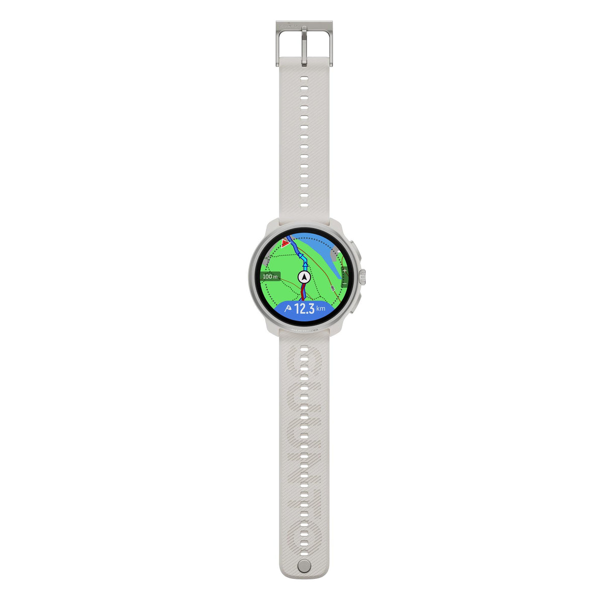 Suunto Race 2 Feather Gray SS051201000 full flat lay layout featuring navigation map screen and silicone strap