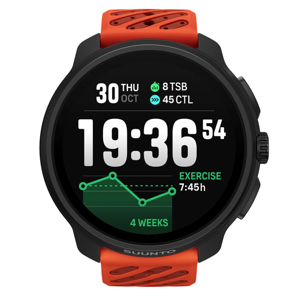 Suunto Race 2 SS051241000 coral orange smart watch front view displaying digital time and activity metrics screen