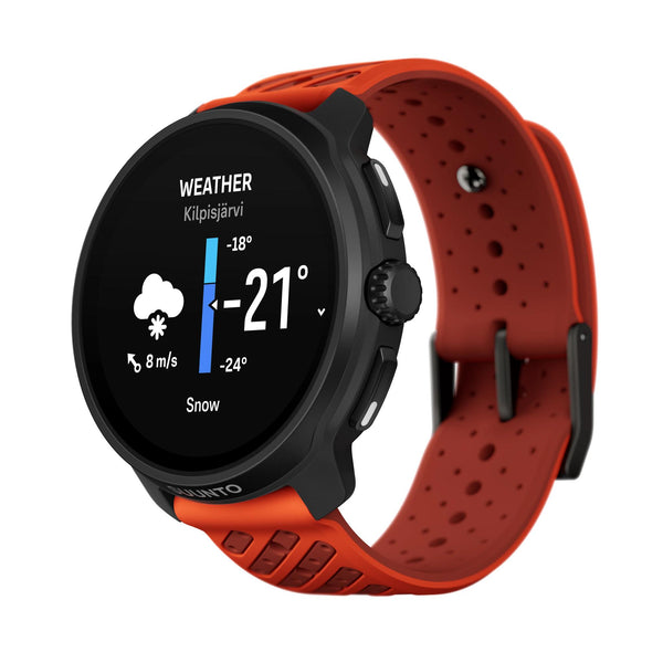 Suunto Race 2 SS051241000 coral orange smart watch side view showing weather widget screen and perforated silicone band