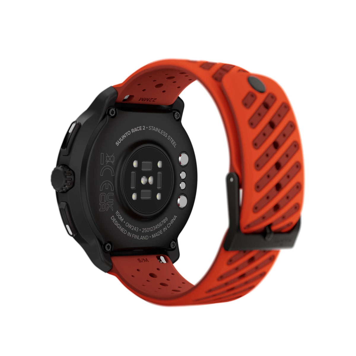 Suunto Race 2 SS051241000 coral orange smart watch back view displaying heart rate sensors and charging points