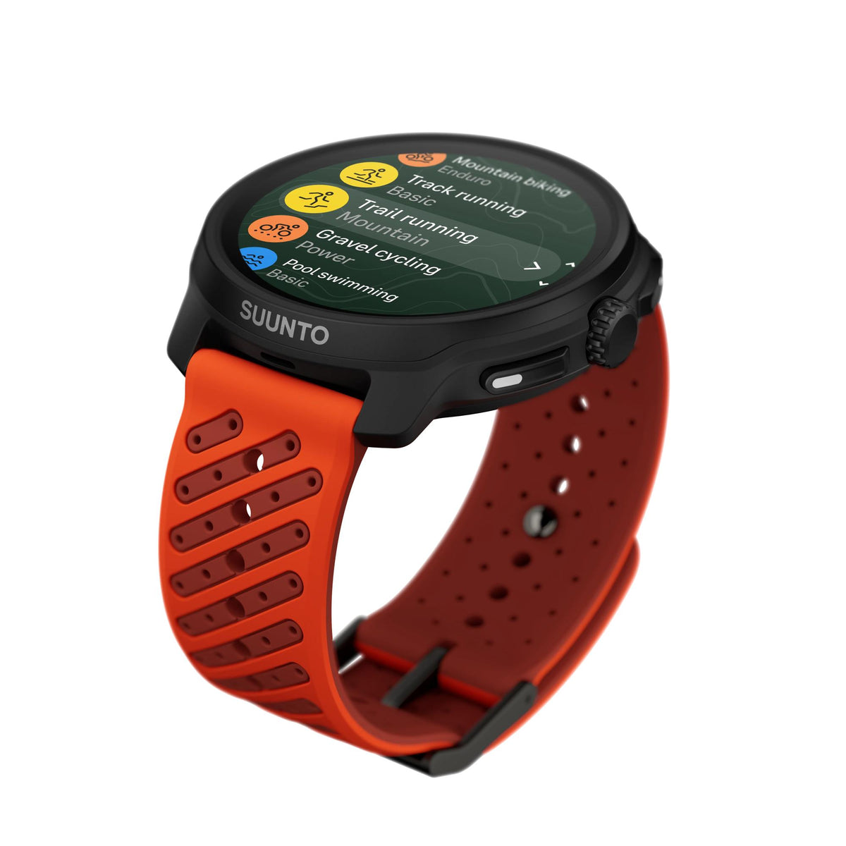 Suunto Race 2 SS051241000 coral orange smart watch dynamic view displaying sports tracking modes on AMOLED screen