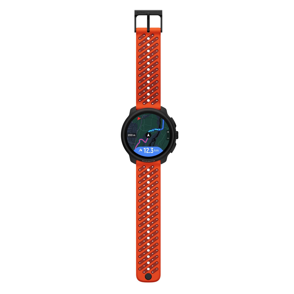 Suunto Race 2 SS051241000 coral orange smart watch full flat layout displaying GPS map navigation screen and silicone strap