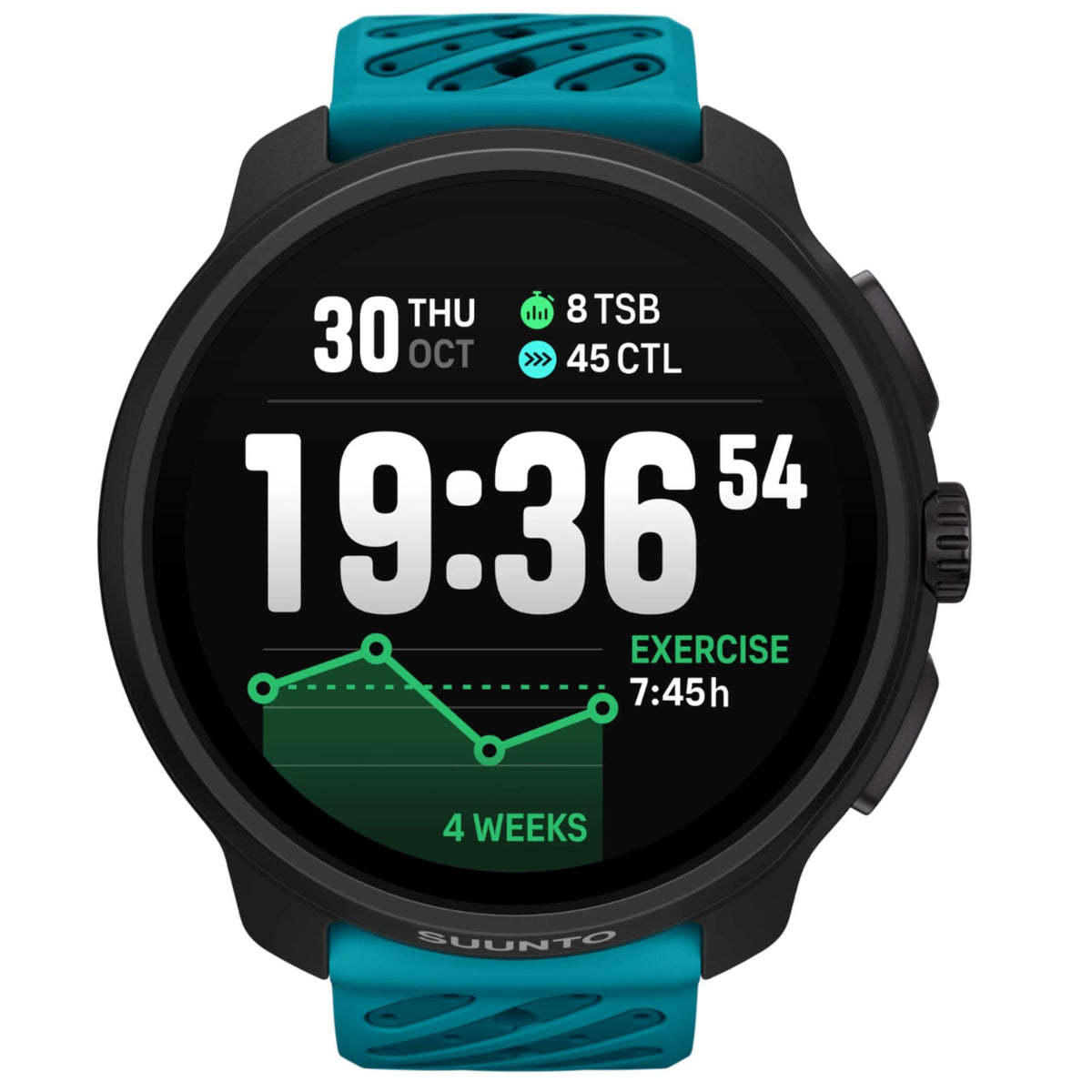 Suunto Race 2 Wave Blue SS051242000 front view displaying digital time interface screen with wave blue silicone strap