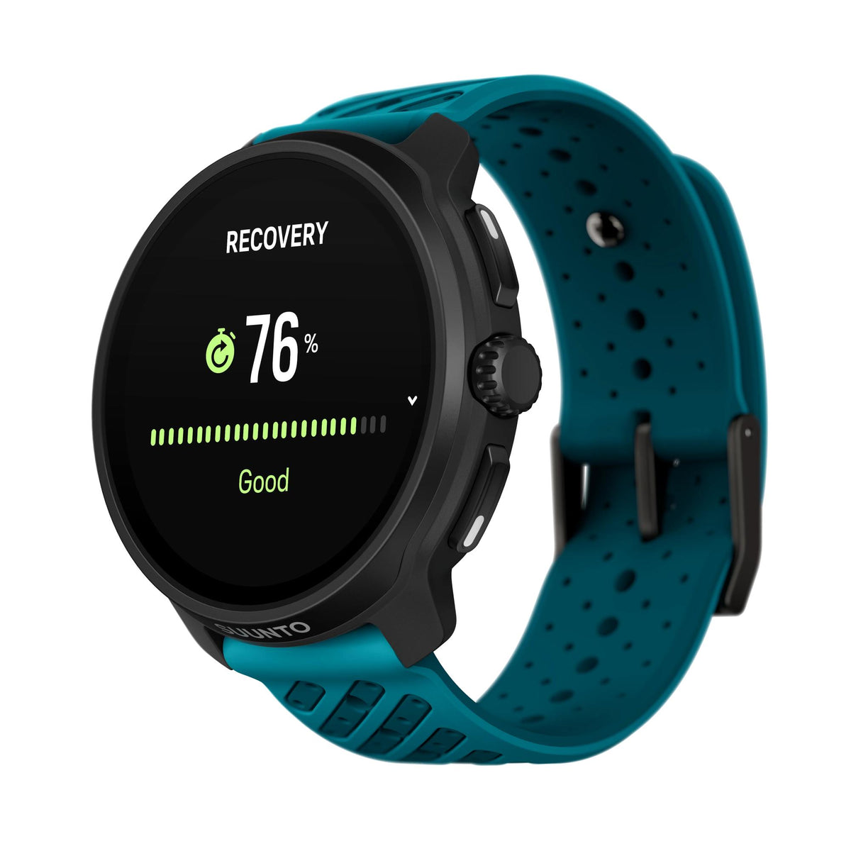 Suunto Race 2 Wave Blue SS051242000 three-quarter perspective highlighting recovery status tracker screen and wave blue strap