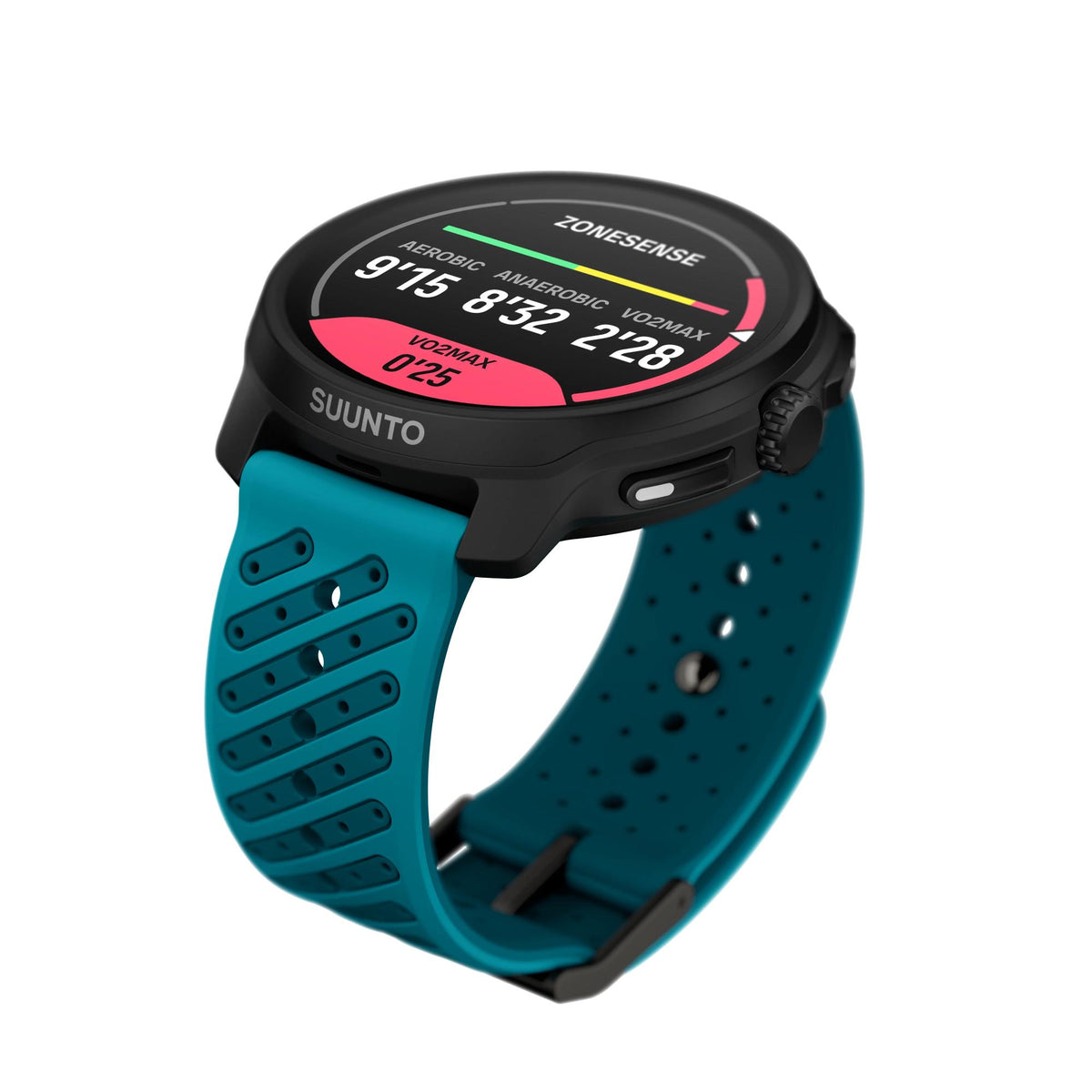 Suunto Race 2 Wave Blue SS051242000 close-up view showing ZoneSense workout tracking screen and ventilated strap design