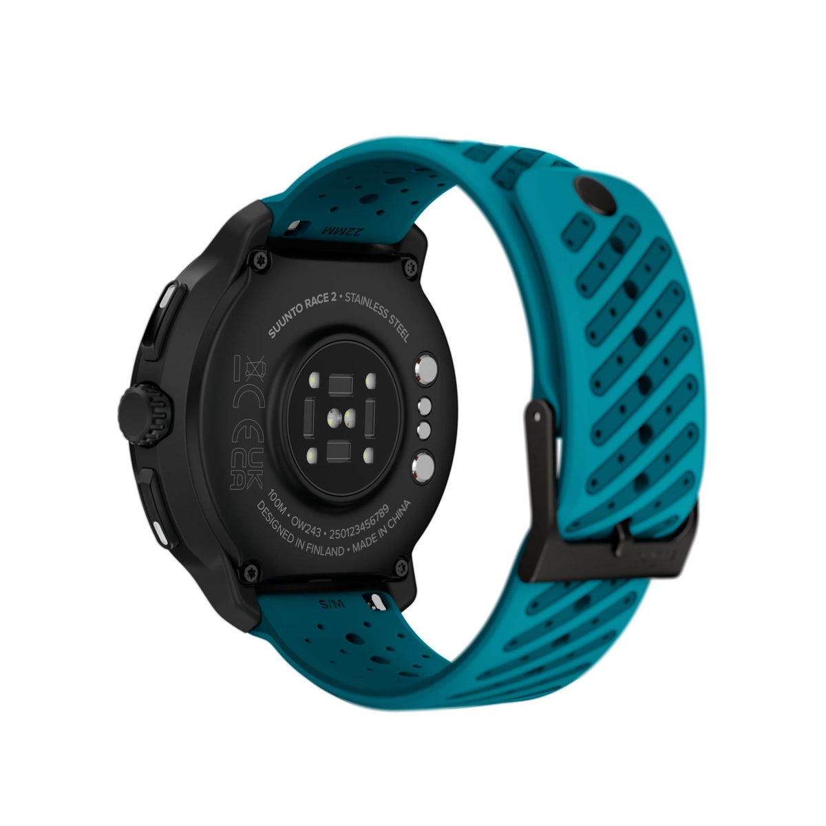 Suunto Race 2 Wave Blue SS051242000 back case view displaying optical heart rate sensor, charging contact pins, and pin buckle