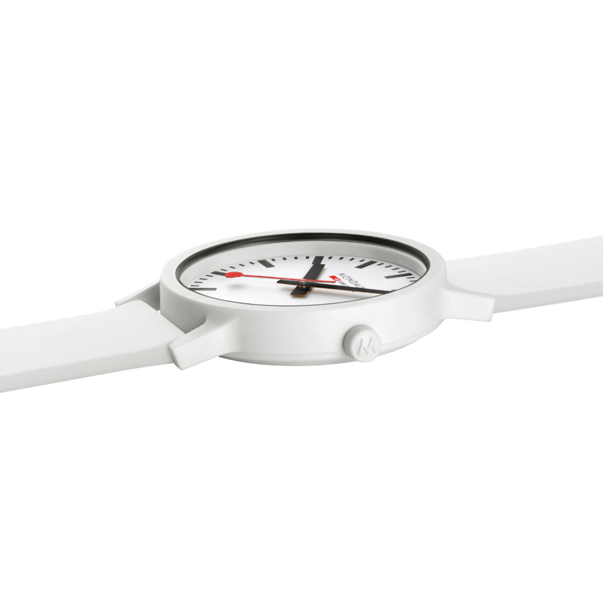 Mondaine Essence wristwatch side profile with white dial and white silicone strap