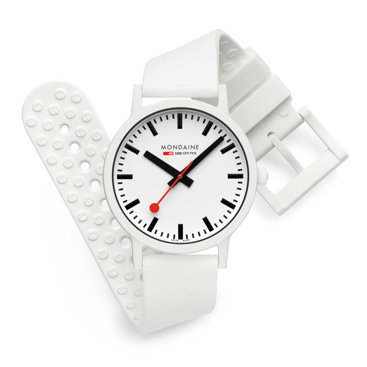 Mondaine Essence wristwatch with white dial and textured white silicone strap panels