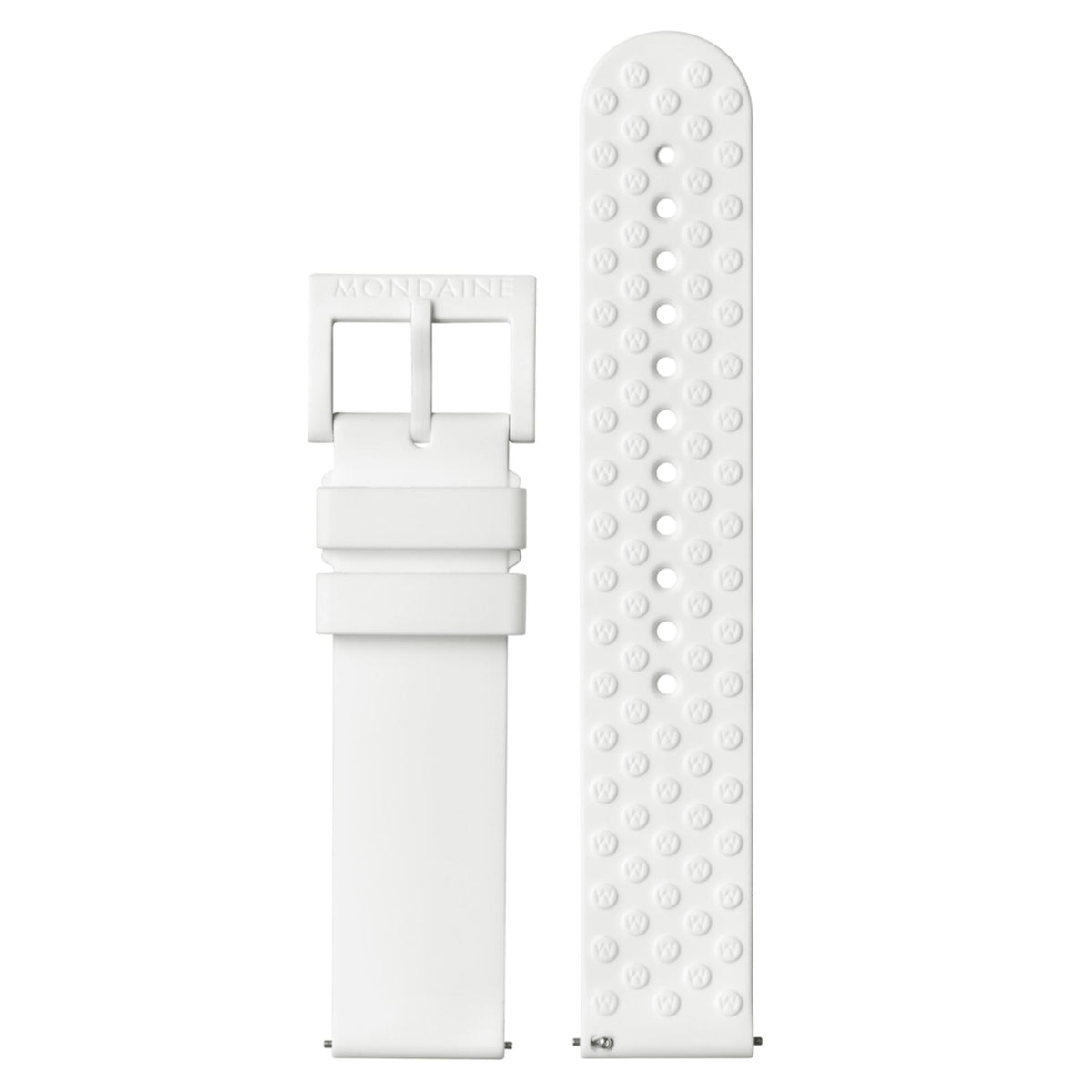 Mondaine Essence watch with white silicone band and textured clasp, side view