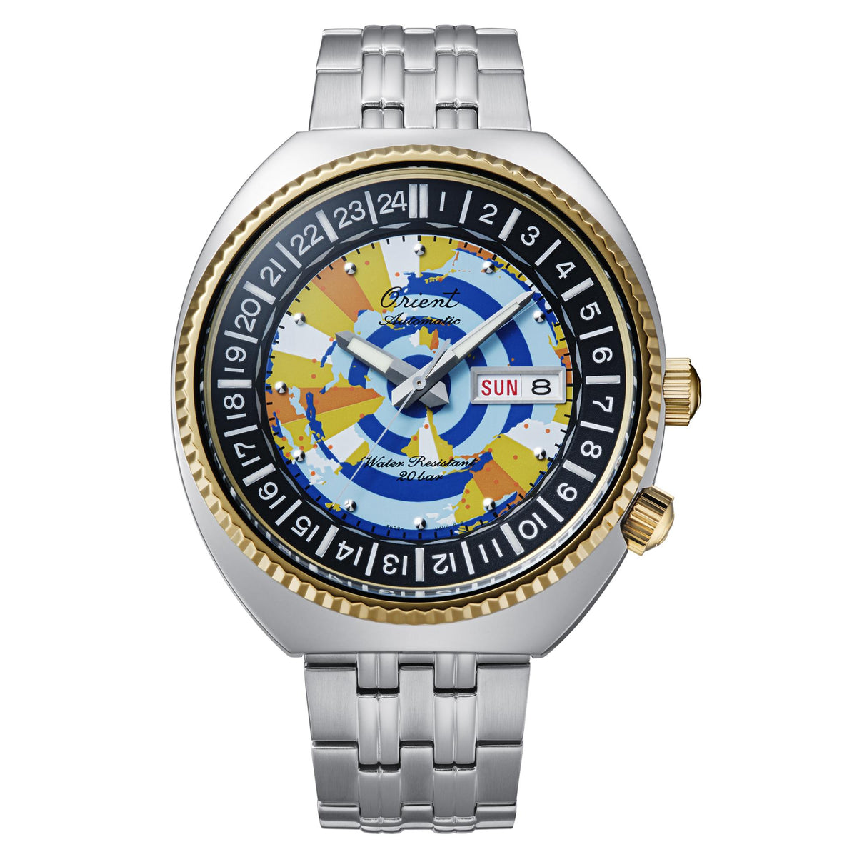 Men's steel automatic wristwatch with gold bezel and multicolour world map dial