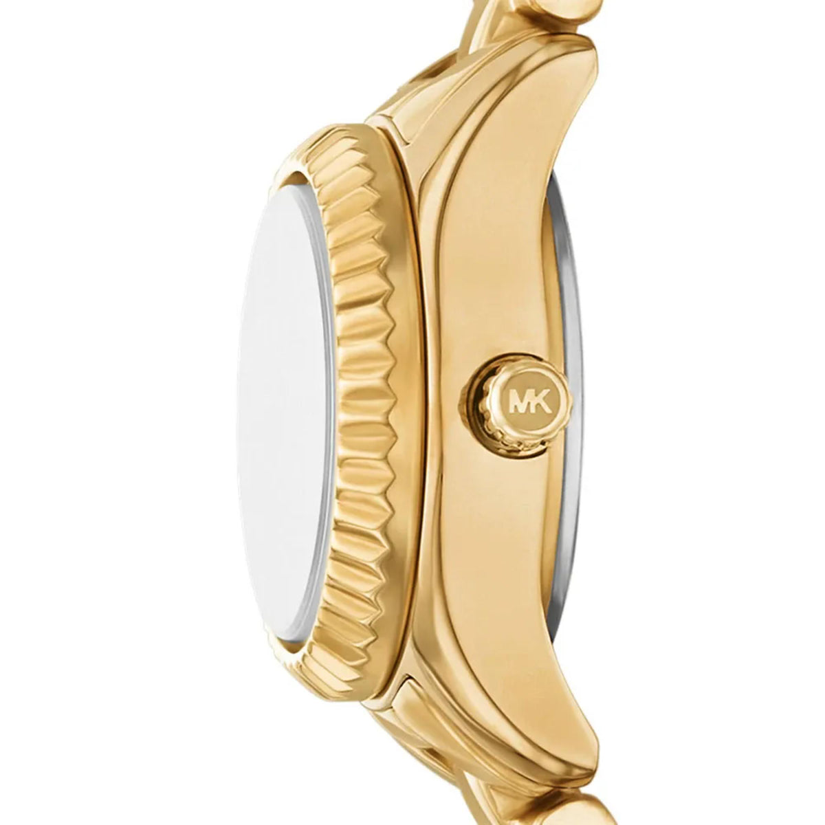 Gold-tone watch case side with MK logo and ridged bezel detail