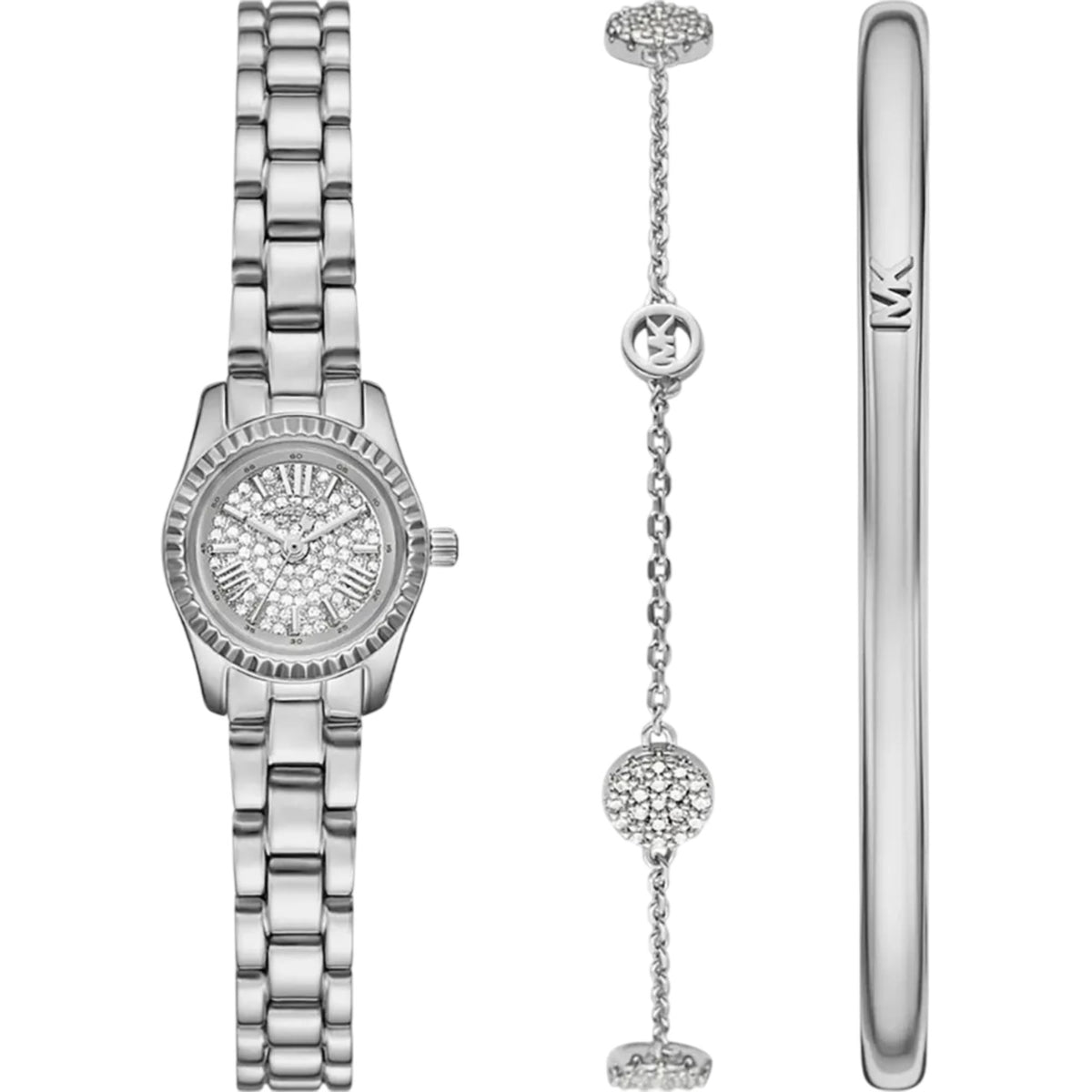 Stainless steel watch with crystal pave dial, link band, and matching crystal bracelet chain