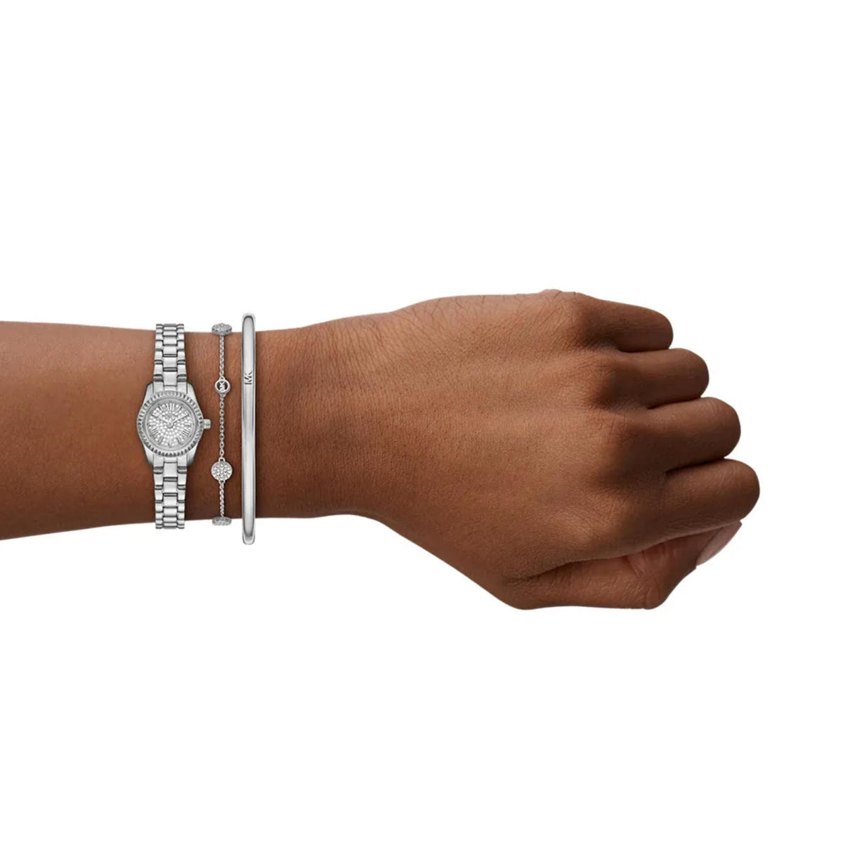 Woman’s wrist wearing a stainless steel watch and a matching crystal bracelet chain