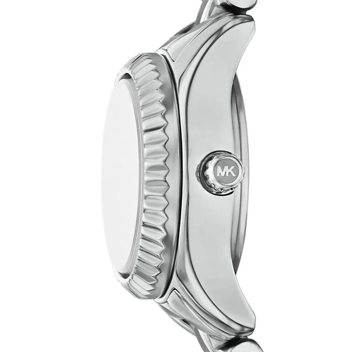 Stainless steel watch case side view with round MK medallion detail and link band