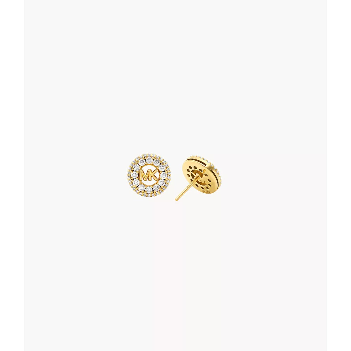Michael Kors gold-plated sterling silver pavé logo stud earrings, front and back view