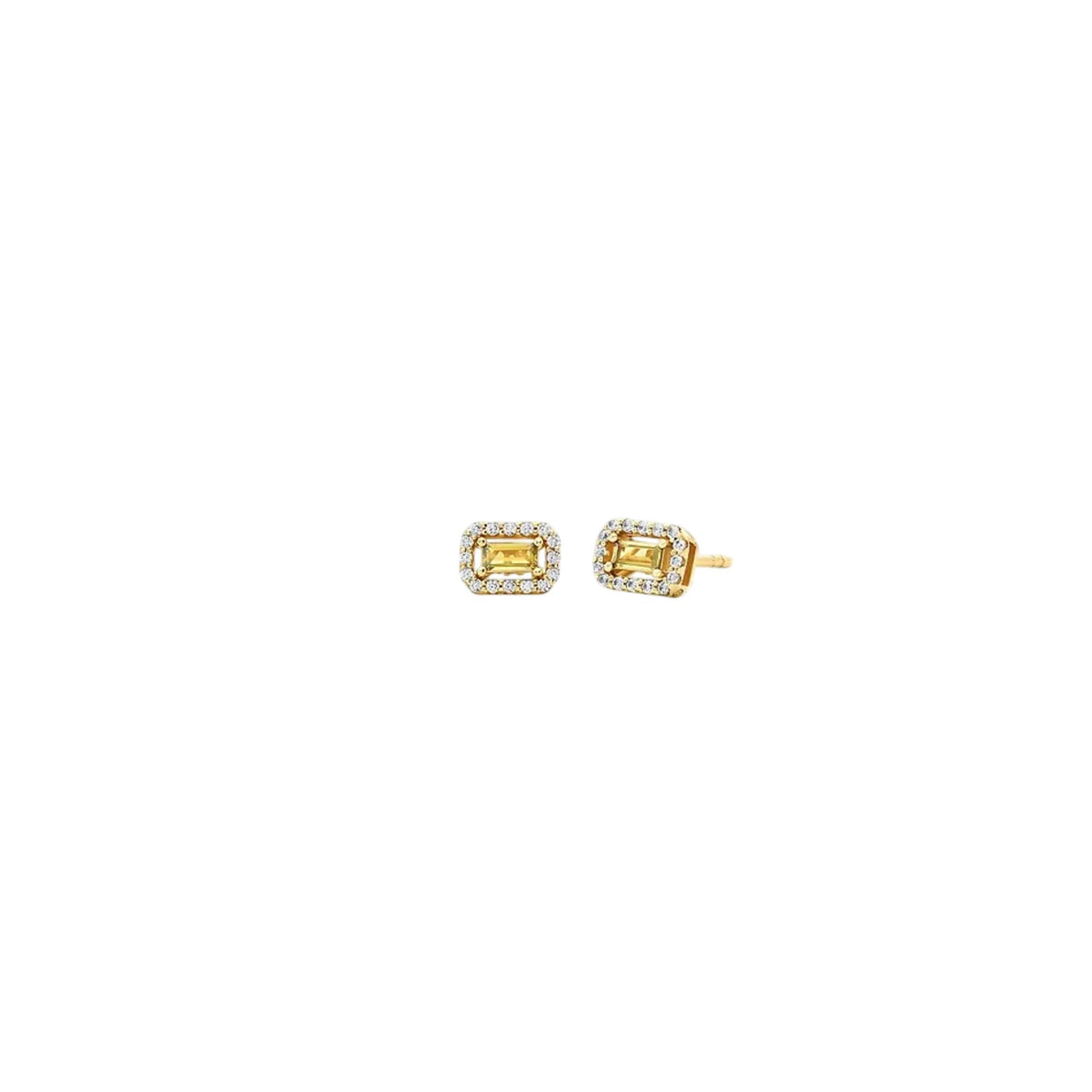 Gold-plated emerald-cut stud earrings with green center stones and crystal halo