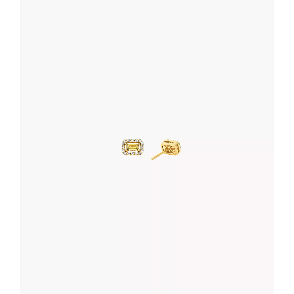 Pair of gold-plated emerald-cut stud earrings with green stones and crystal halo