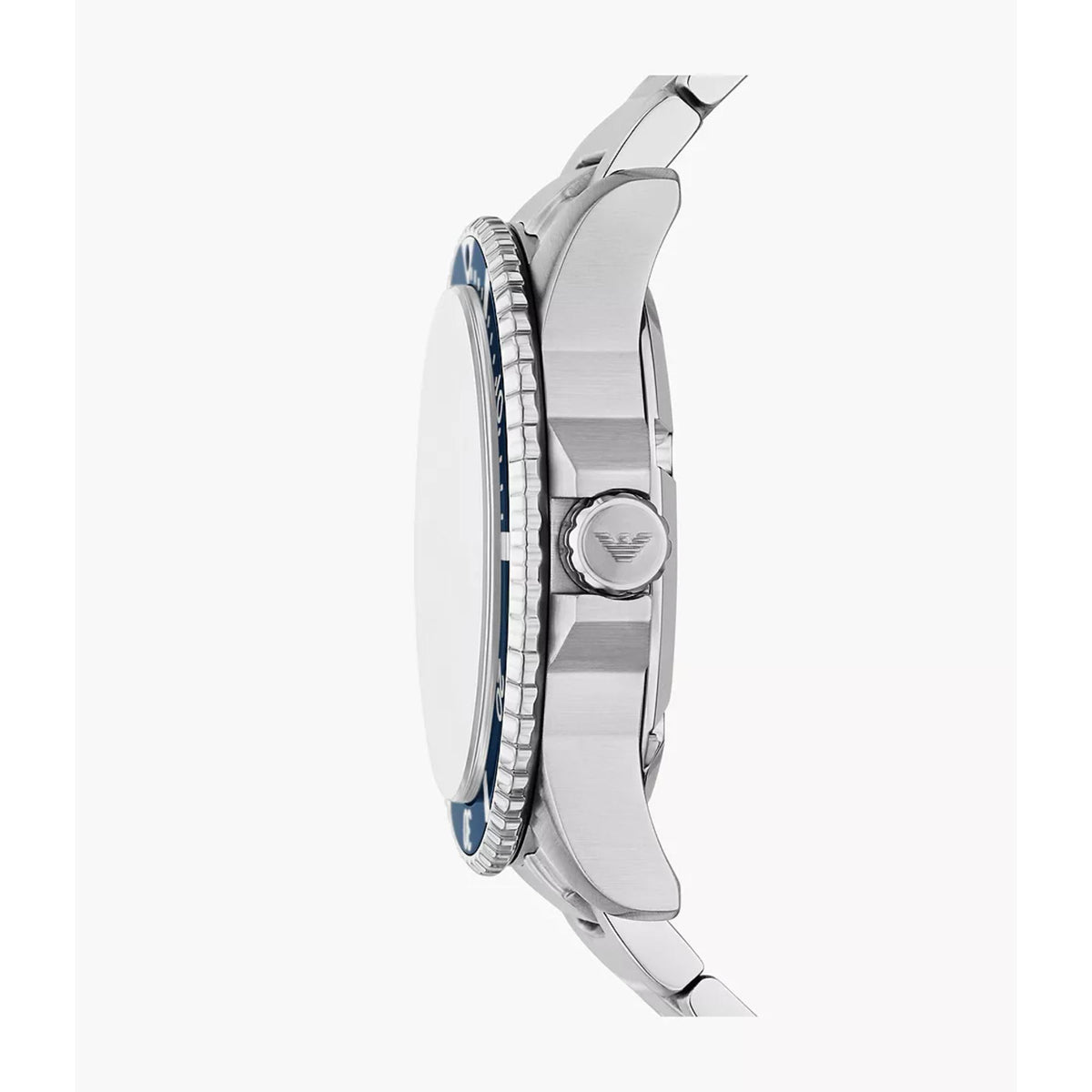 Side profile view of the Emporio Armani World Explorer AR11697 wrist watch showing the coin-edge bezel and crown guards