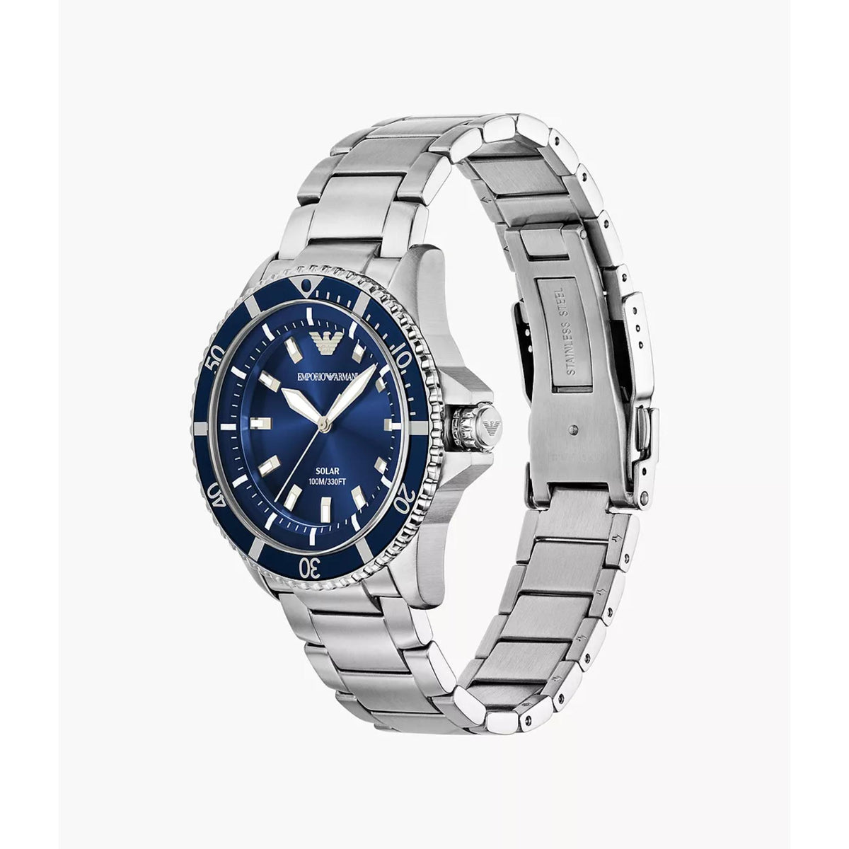 Angled perspective of the Emporio Armani World Explorer AR11697 watch highlighting the steel link bracelet, blue bezel, and blue dial