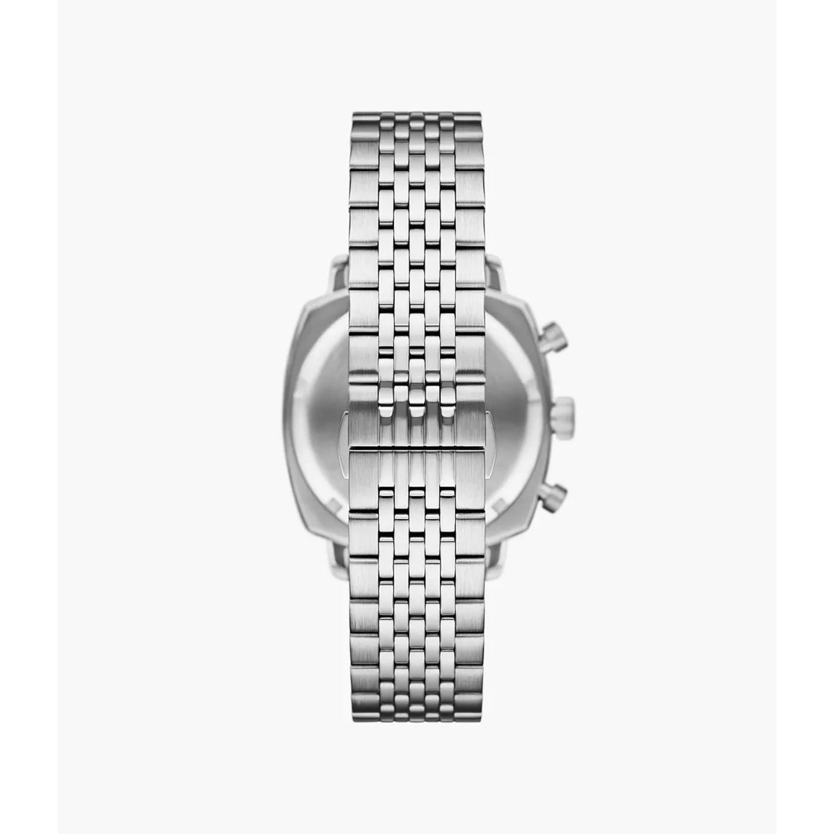 Back view of the Emporio Armani Carlo AR11688 watch displaying the stainless steel bracelet and deployment clasp