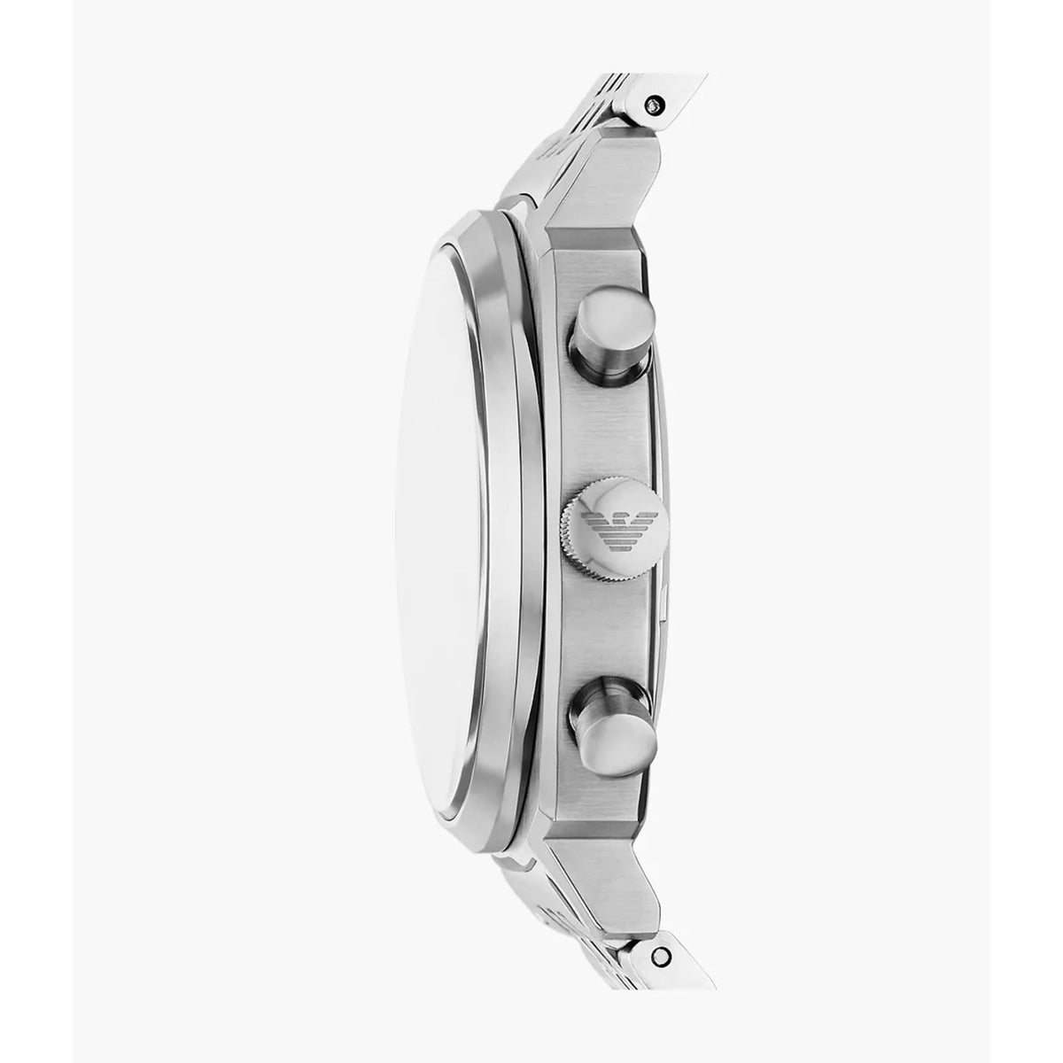 Side profile of the Emporio Armani Carlo AR11688 stainless steel watch case highlighting the crown and chronograph pushers