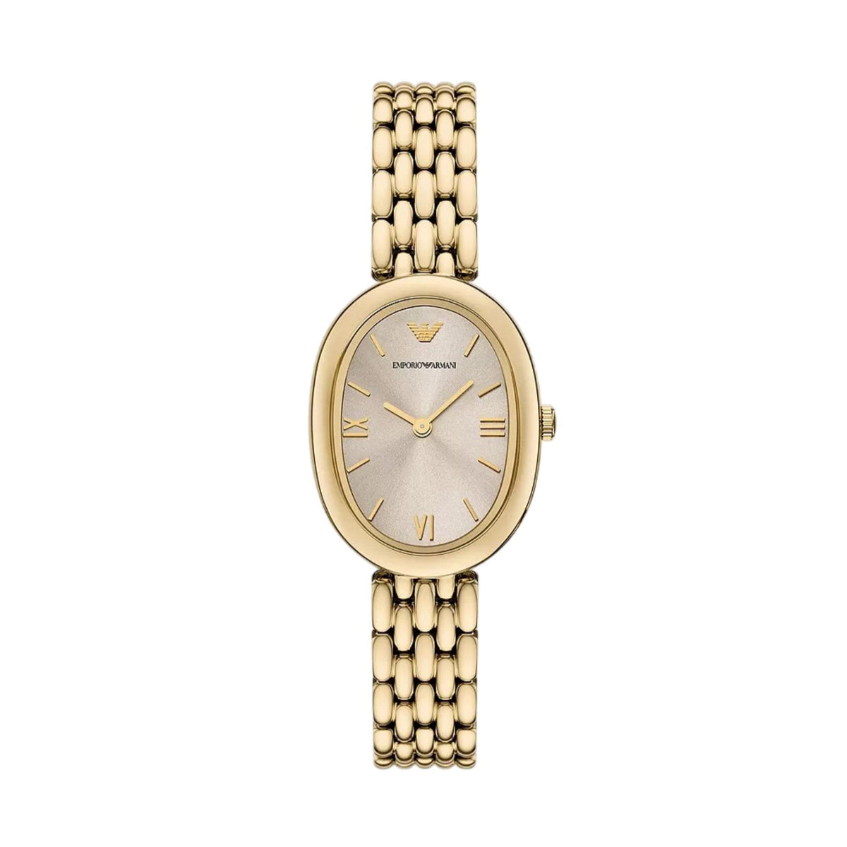 Emporio Armani Ophelia AR11707 ladies quartz watch featuring a gray oval dial, gold-tone Roman numerals, and a gold-tone steel bracelet