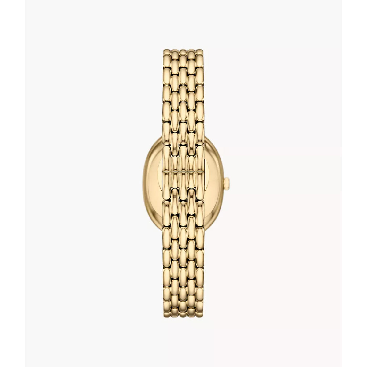 Back view of the Emporio Armani Ophelia AR11707 wrist watch showcasing the seamless gold-tone multi-link steel bracelet structure