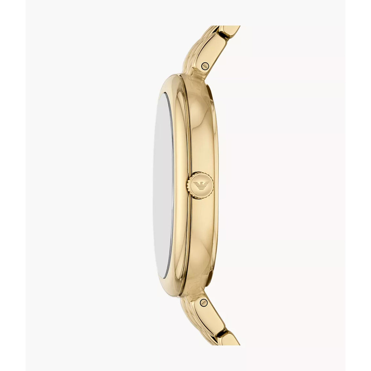 Side profile perspective of the Emporio Armani Ophelia AR11707 watch highlighting the slim gold-tone case construction and branded crown