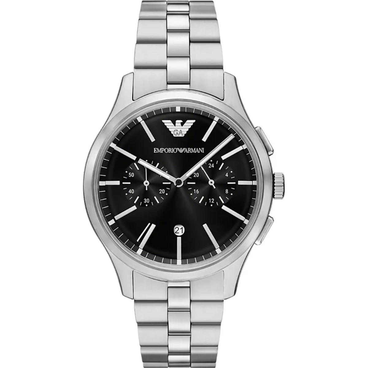 Emporio Armani Dario AR11691 front view displaying black dial with sub-dials and steel link bracelet