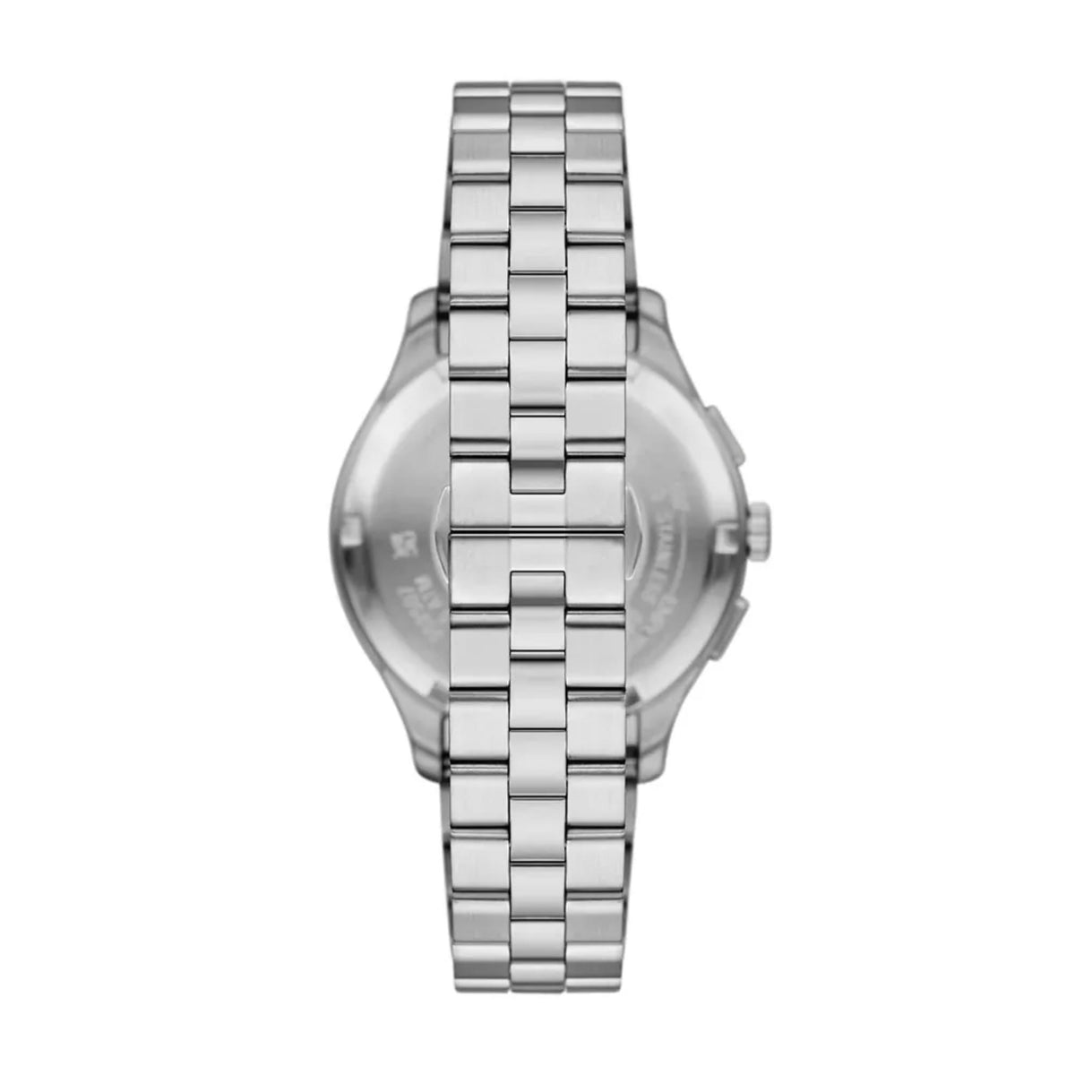 Emporio Armani Dario AR11691 rear view showing solid steel case back and bracelet links