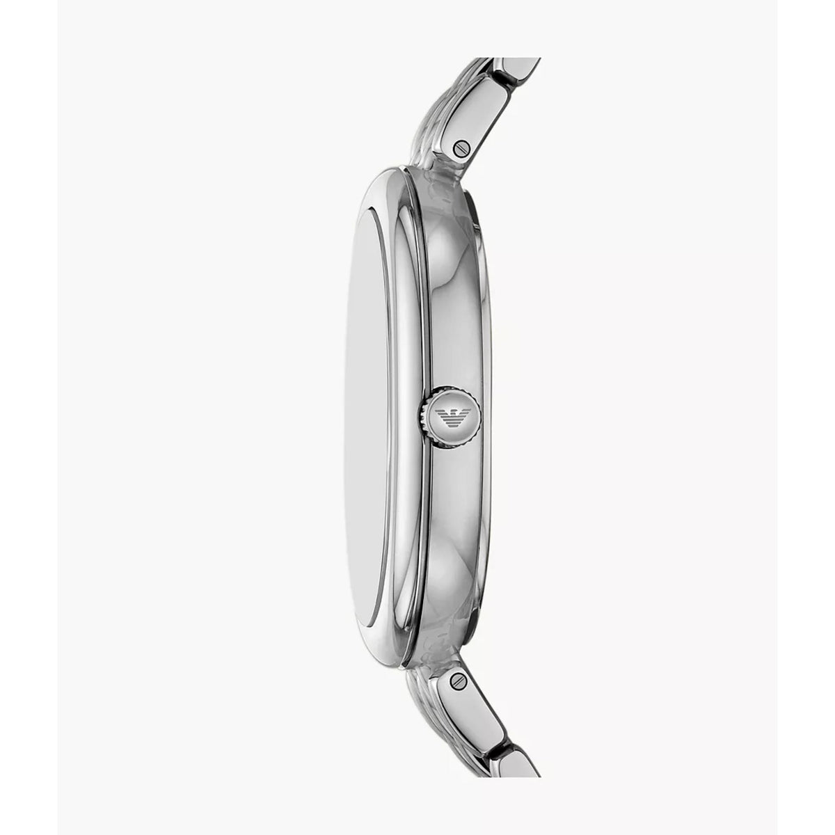 Side profile perspective of the Emporio Armani Ophelia AR11706 watch highlighting the slim steel case construction and branded crown