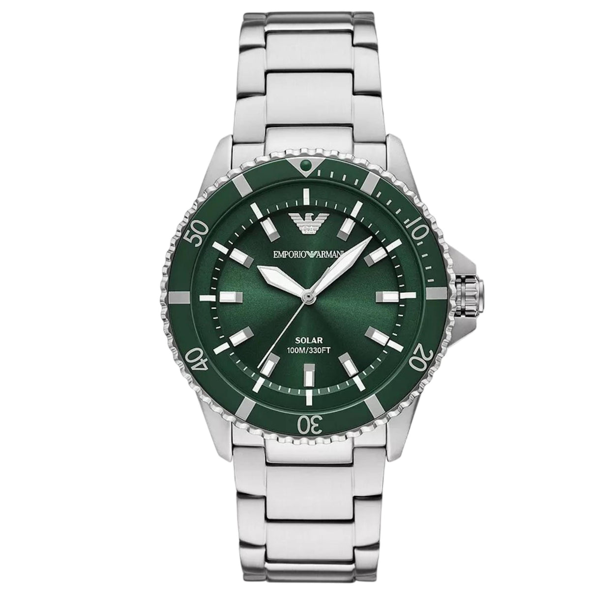 Emporio Armani World Explorer AR11698 mens solar quartz watch featuring a green dial, green diver bezel, and stainless steel bracelet