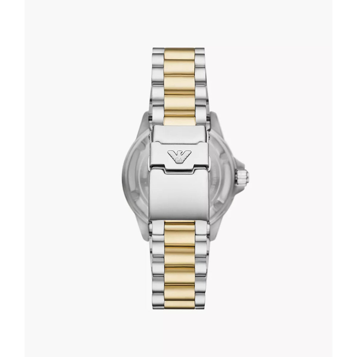 Back view of the Emporio Armani Sea Explorer AR60089 watch showcasing the branded folding clasp and steel case back