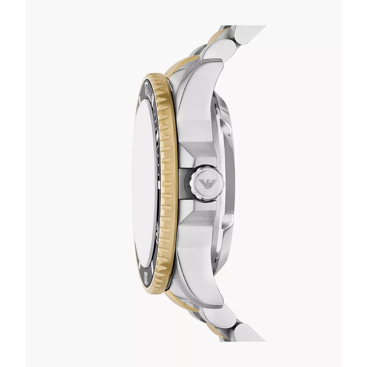 Side profile view of the Emporio Armani Sea Explorer AR60089 wrist watch showing the gold-tone coin-edge bezel and crown guards