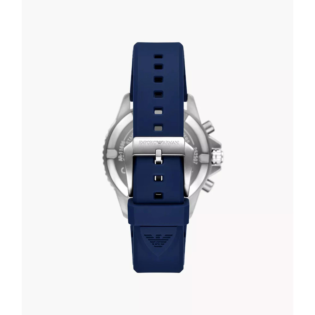 Solar chronograph watch side view with blue silicone strap and metal crown