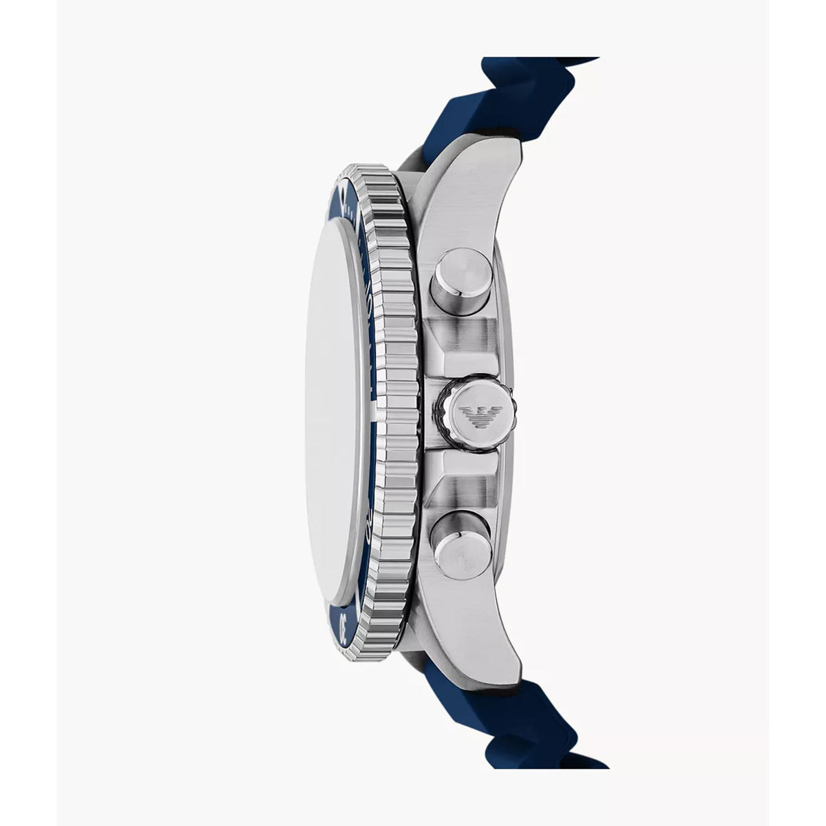 Chronograph wristwatch profile with steel case, ridged bezel, blue strap