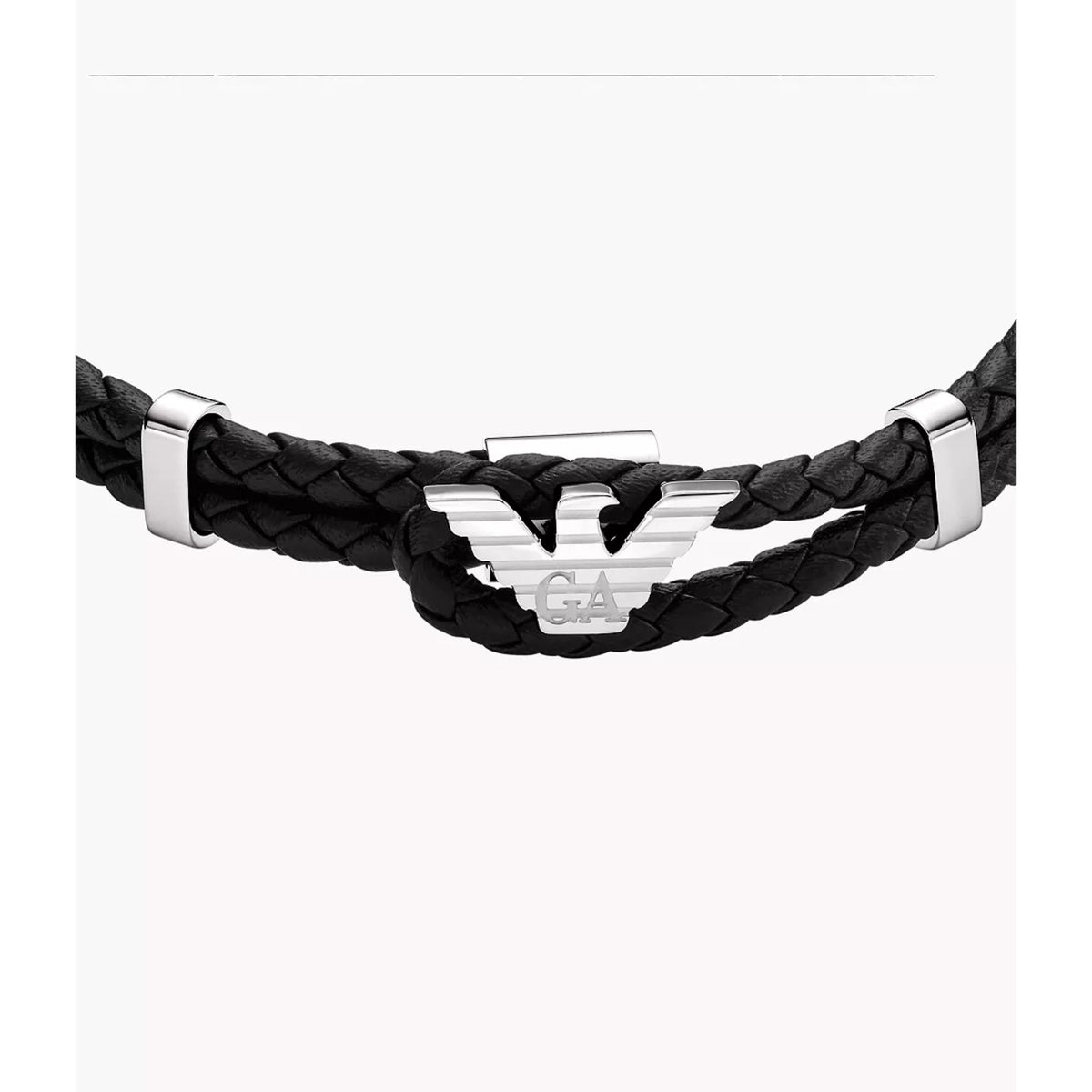 Close-up view of silver tone metallic eagle logo clasp on Emporio Armani mens black leather wristband EGS3237040