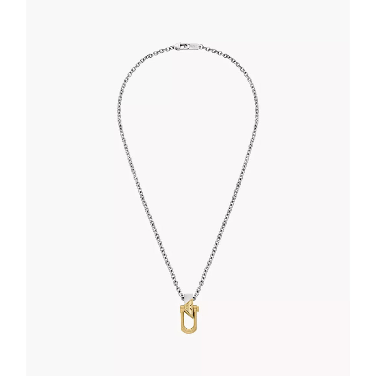 Front view of Emporio Armani mens two-tone stainless steel chain necklace and pendant EGS3243040