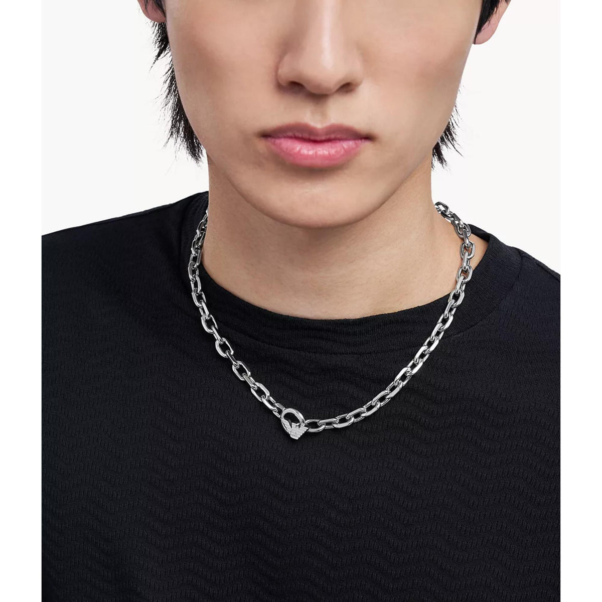 Model wearing Emporio Armani mens silver tone steel link chain necklace EGS3235040