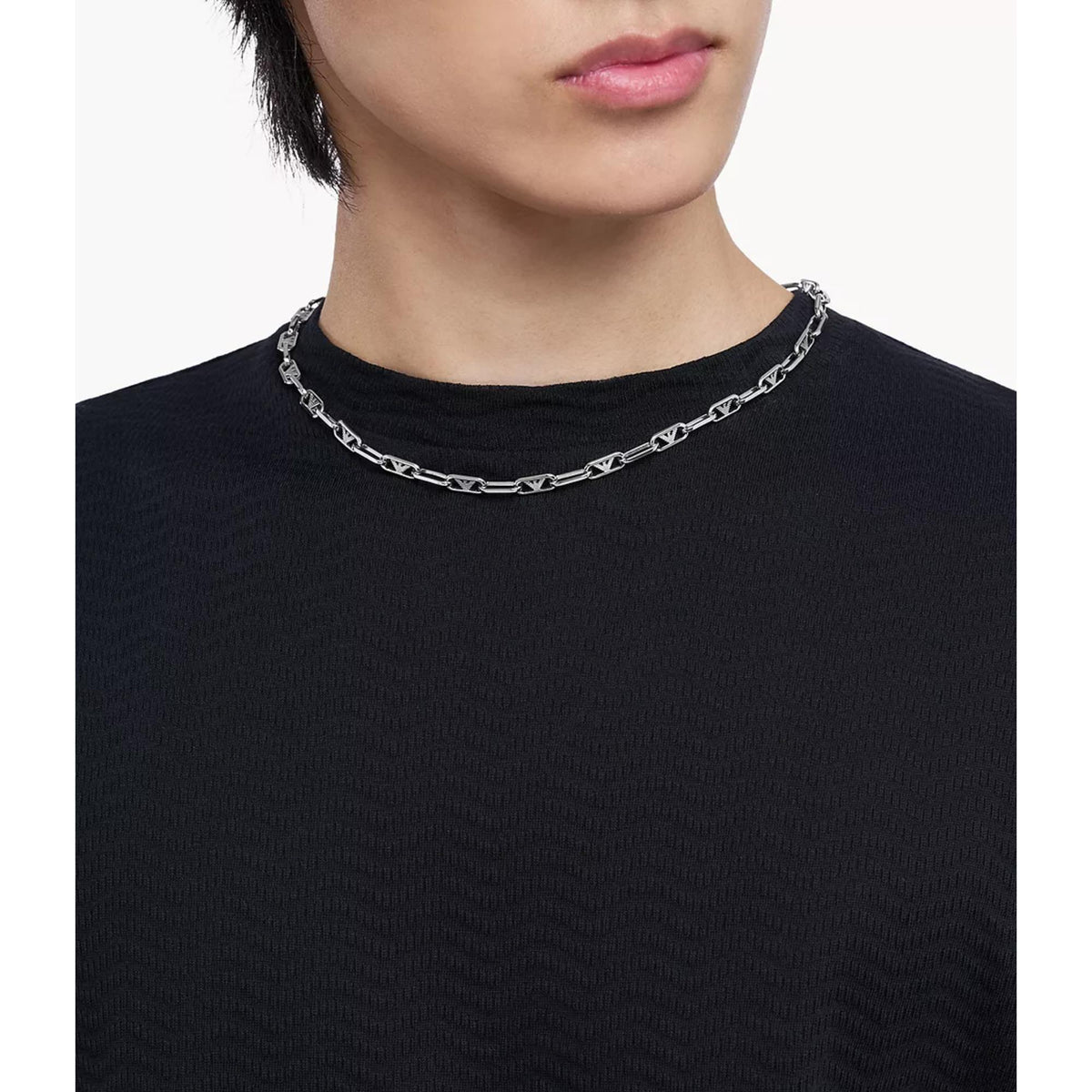 Model wearing Emporio Armani mens silver tone link chain necklace EGS3248040
