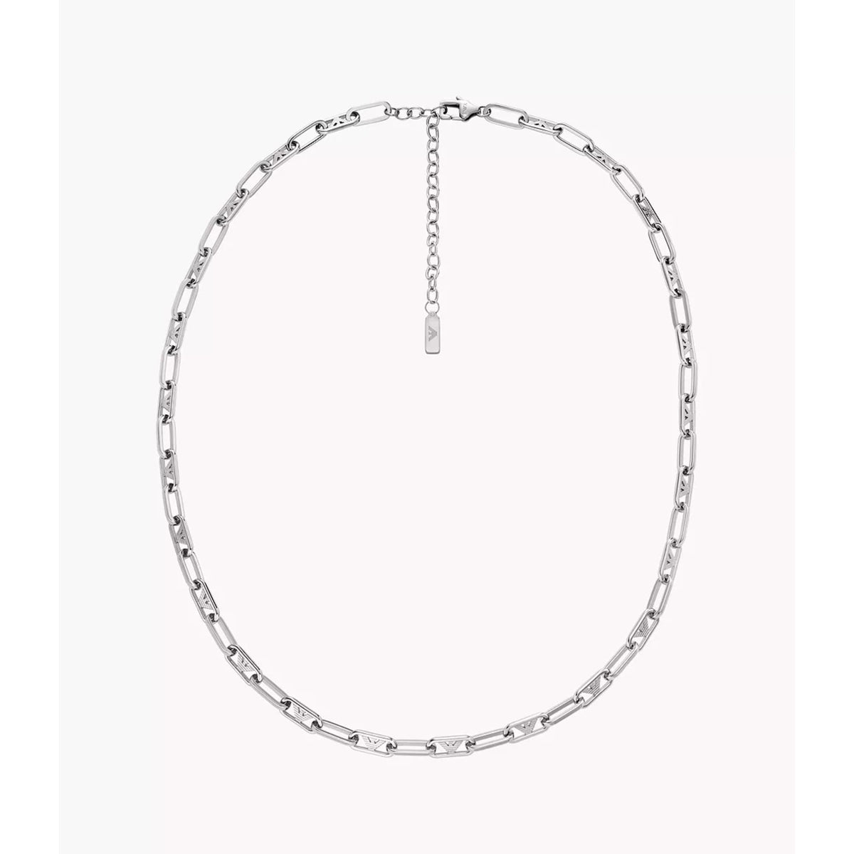 Full view of Emporio Armani mens stainless steel chain necklace EGS3248040 showing the adjustable drop clasp